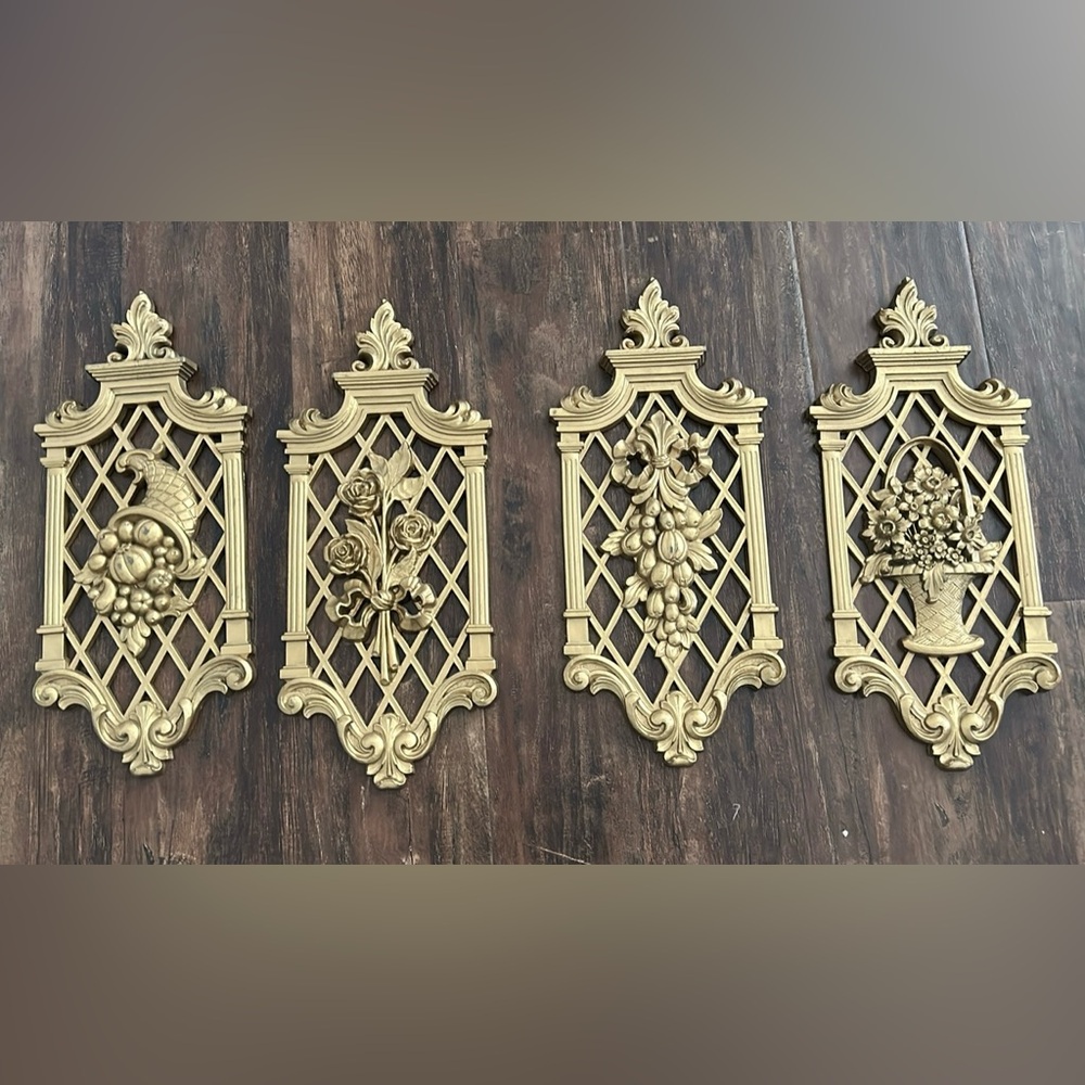 Vintage Homco Syroco Set of 4 Gold Floral Wall Plaques Hollywood regency